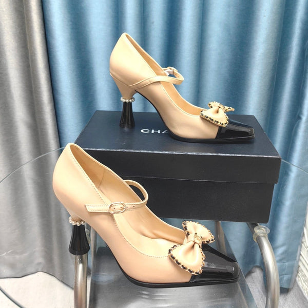 CC High Mary Janes Beige Bow Lambskin