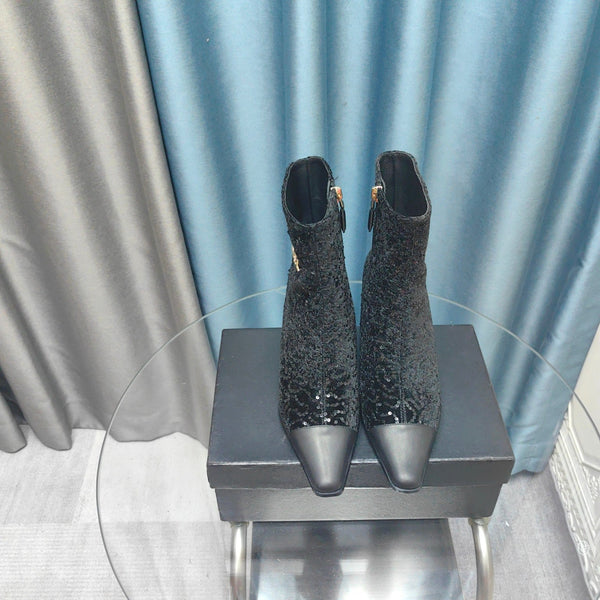 CC Ankle Boots Black Beaded Fabric And Cowhide