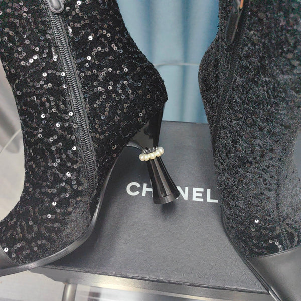 CC Ankle Boots Black Beaded Fabric And Cowhide