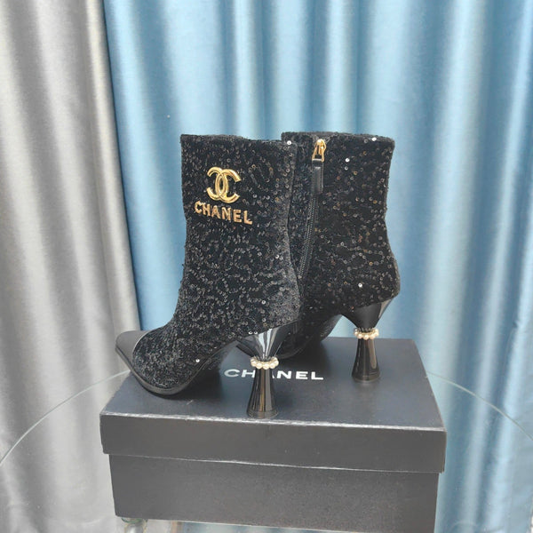 CC Ankle Boots Black Beaded Fabric And Cowhide