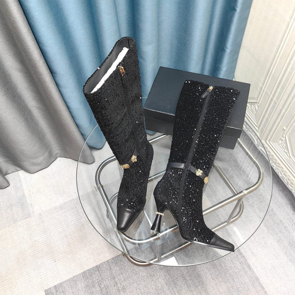 Stivali alti CC in tessuto perline nero e pelle di mucca