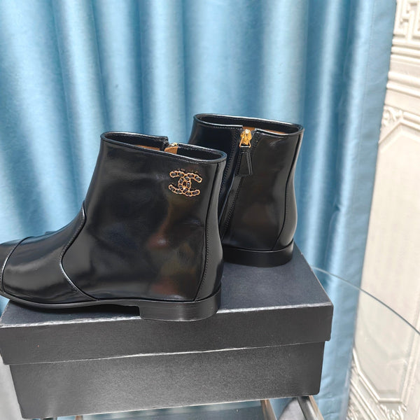 CC Ankle Boots Plain Black Calfskin