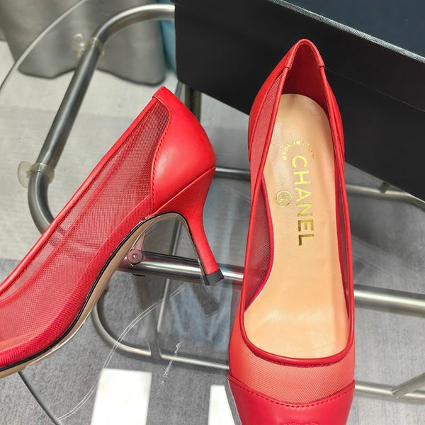 CC Pumps 50 Red Mesh Leather Pointed Toe