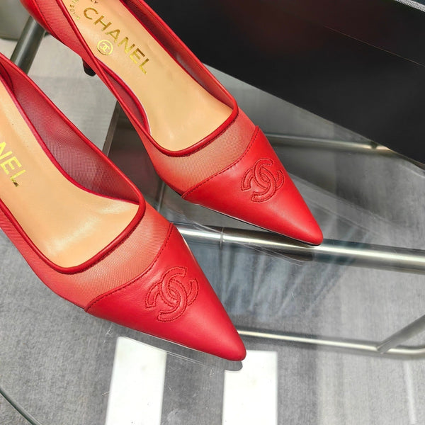 CC Pumps 50 Red Mesh Leather Pointed Toe