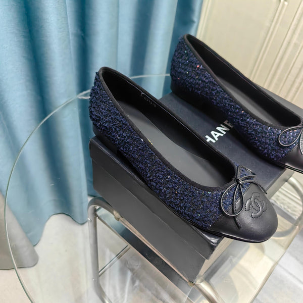 CC 25P Ballet Flat Dark Blue Tweed Black Calfskin