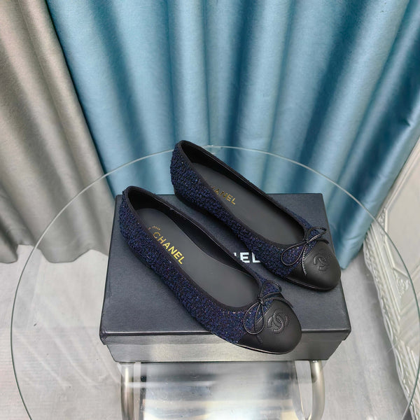 CC 25P Ballet Flat Dark Blue Tweed Black Calfskin