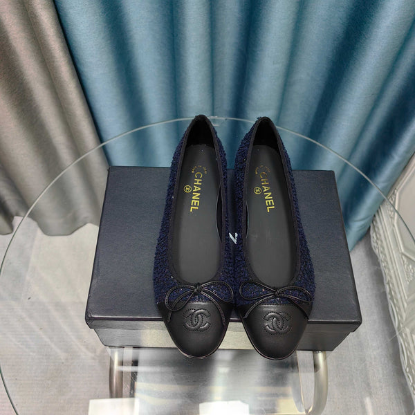 CC 25P Ballet Flat Dark Blue Tweed Black Calfskin