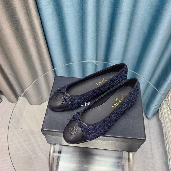 CC 25P Ballet Flat Dark Blue Tweed Black Calfskin