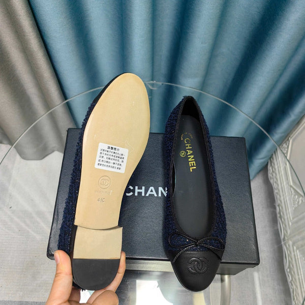 CC 25P Ballet Flat Dark Blue Tweed Black Calfskin