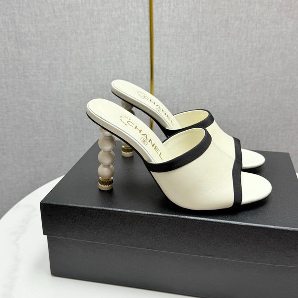 CC 25 High Heel Slippers 85mn White Black Sheepskin 368789