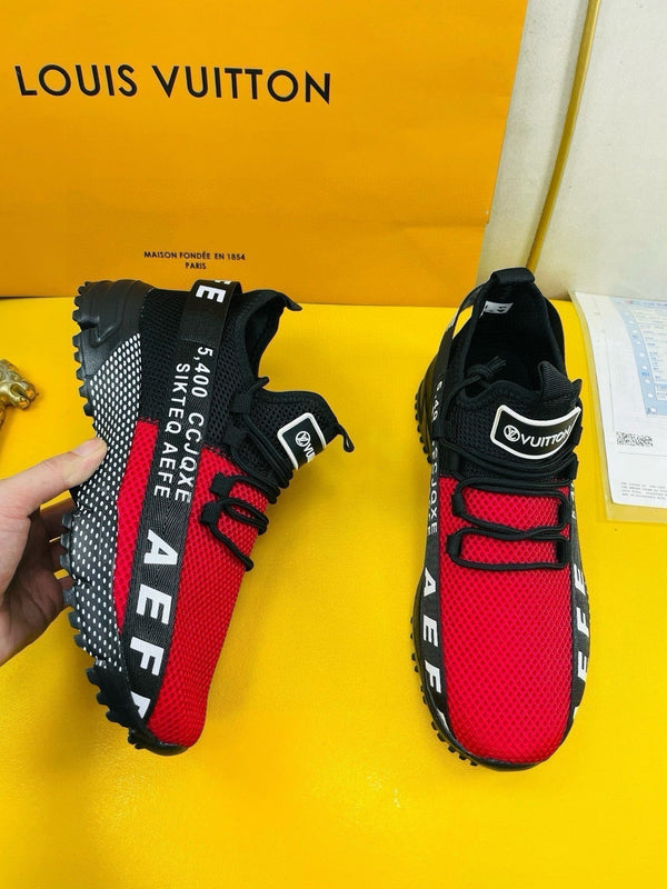 LV SNEAKER IN BLACK MIX RED BREATHABLE MESH FABRIC