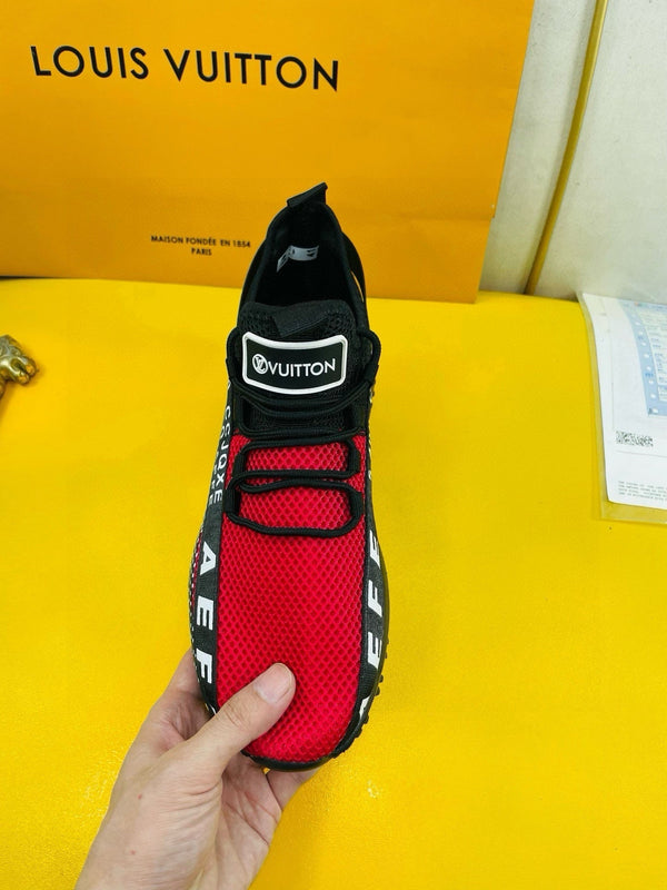LV SNEAKER IN BLACK MIX RED BREATHABLE MESH FABRIC