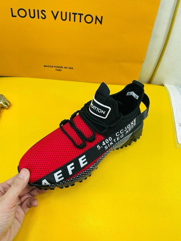LV SNEAKER IN BLACK MIX RED BREATHABLE MESH FABRIC