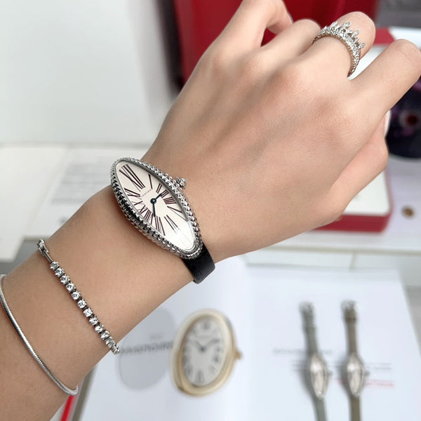 Vintage Baignoire 21mm Silver Diamond Case Black Leather