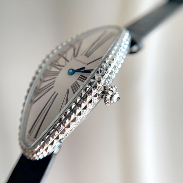 Vintage Baignoire 21mm Silver Diamond Case Black Leather