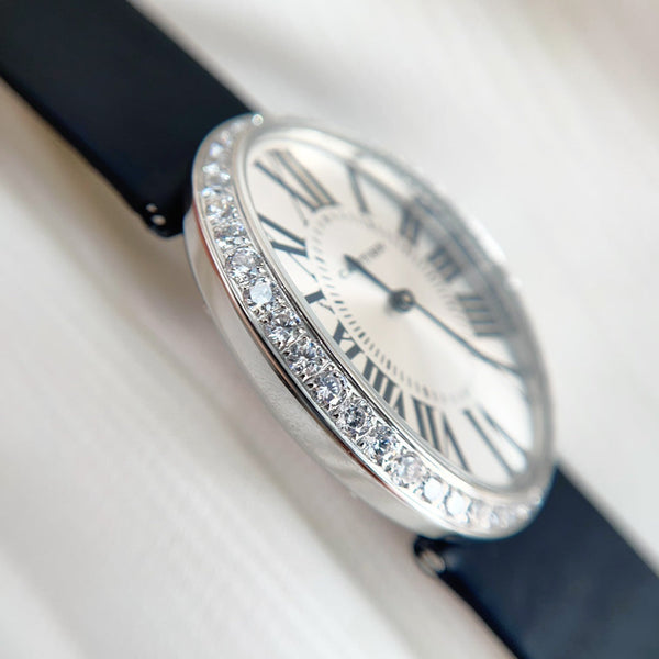 Baignoire 28mm Silver Diamond Case Black Silk Leather