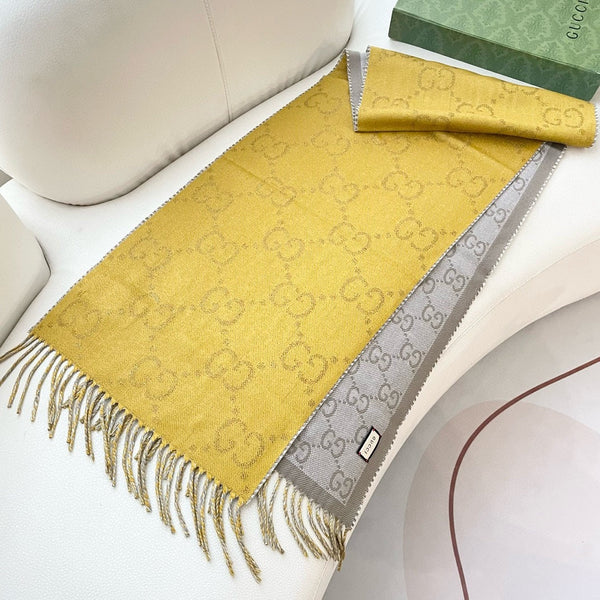 SCIARPA 195 CM IN CASHMERE GIALLO DIJON E MARRONE KAKI 401403