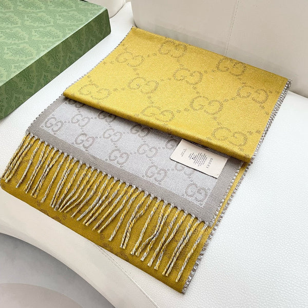 SCIARPA 195 CM IN CASHMERE GIALLO DIJON E MARRONE KAKI 401403