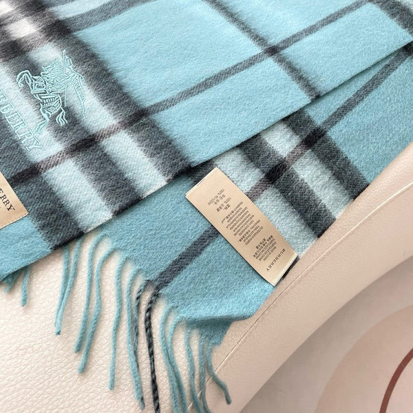 SCIARPA A QUADRI 180 CM IN CASHMERE NERO MISTO CELESTE 405484
