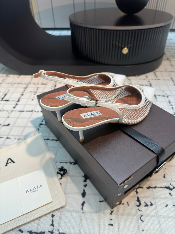 ALAIA SLINGBACKS 5 CM IN WHITE CALFSKIN WITH MESH