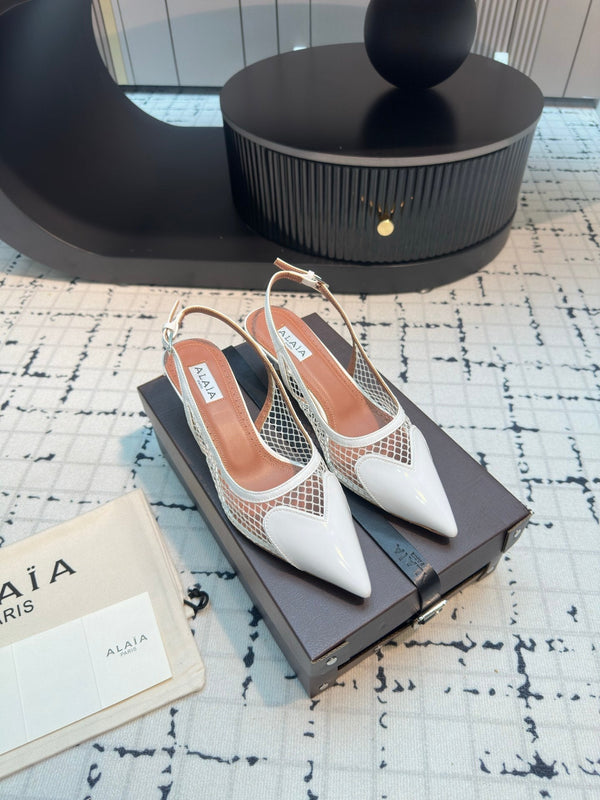 ALAIA SLINGBACKS 5 CM IN WHITE CALFSKIN WITH MESH