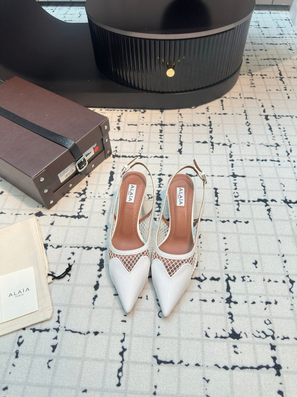 ALAIA SLINGBACKS 5 CM IN WHITE CALFSKIN WITH MESH