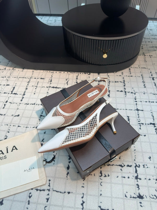 ALAIA SLINGBACKS 5 CM IN WHITE CALFSKIN WITH MESH