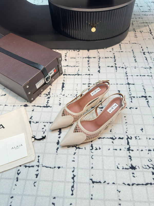 ALAIA SLINGBACKS 5 CM IN BEIGE CREAM CALFSKIN WITH MESH