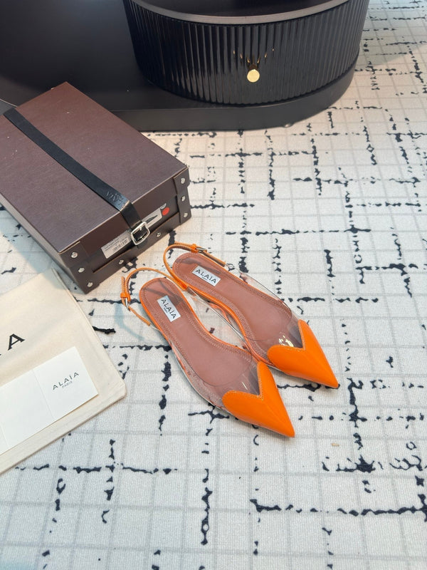 ALAIA FLAT SLINGBACK IN TIGER ORANGE PATENT CALFSKIN AND FILM