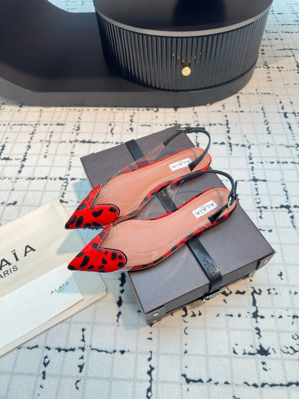 Alaia Heart Flat Slingbacks Red Leopard Sheepskin 800944