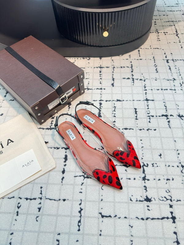 Alaia Heart Flat Slingbacks Red Leopard Sheepskin 800944