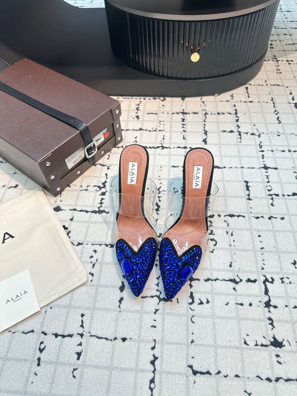 Alaia Heart With Crystals 90mm Heels Mules Blu Scuro Pelle di Montone 800948