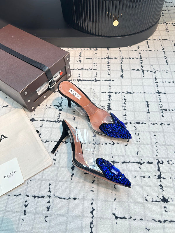 Alaia Heart With Crystals 90mm Heels Mules Blu Scuro Pelle di Montone 800948
