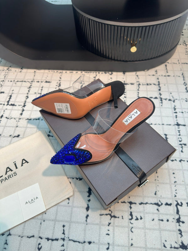 Alaia Heart With Crystals 90mm Heels Mules Blu Scuro Pelle di Montone 800948