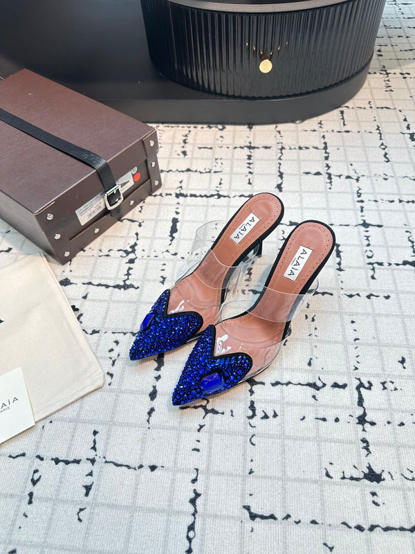 Alaia Heart With Crystals 90mm Heels Mules Blu Scuro Pelle di Montone 800948