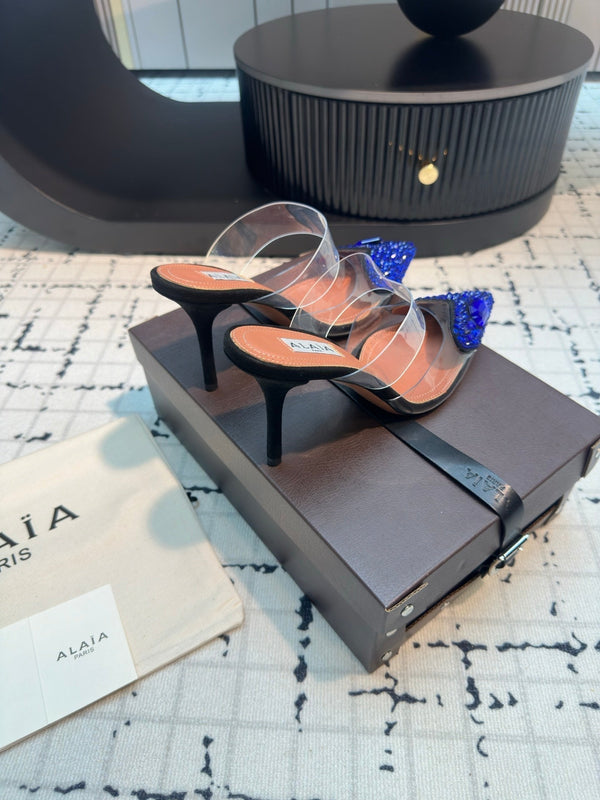 Alaia Heart With Crystals 90mm Heels Mules Blu Scuro Pelle di Montone 800948