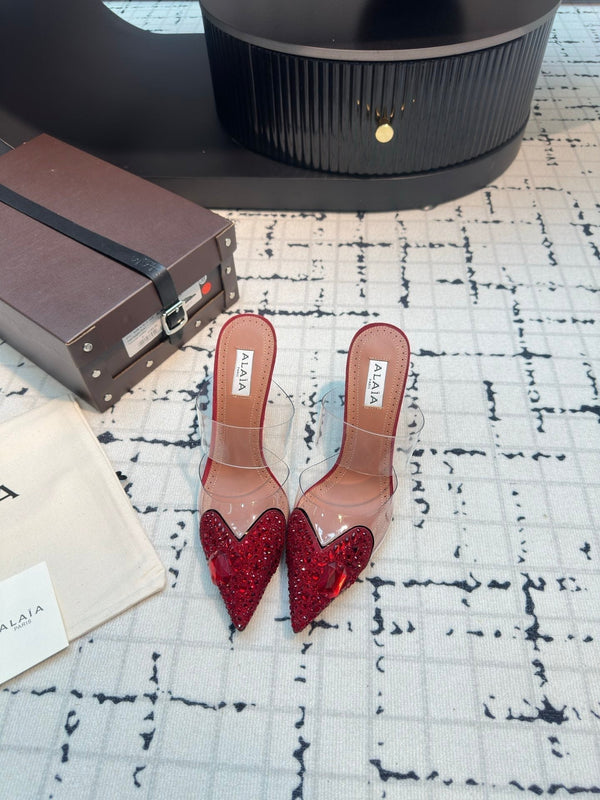 Alaia Heart With Crystals 90mm Heels Mules Red Montone 800949