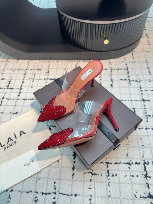 Alaia Heart With Crystals 90mm Heels Mules Red Montone 800949