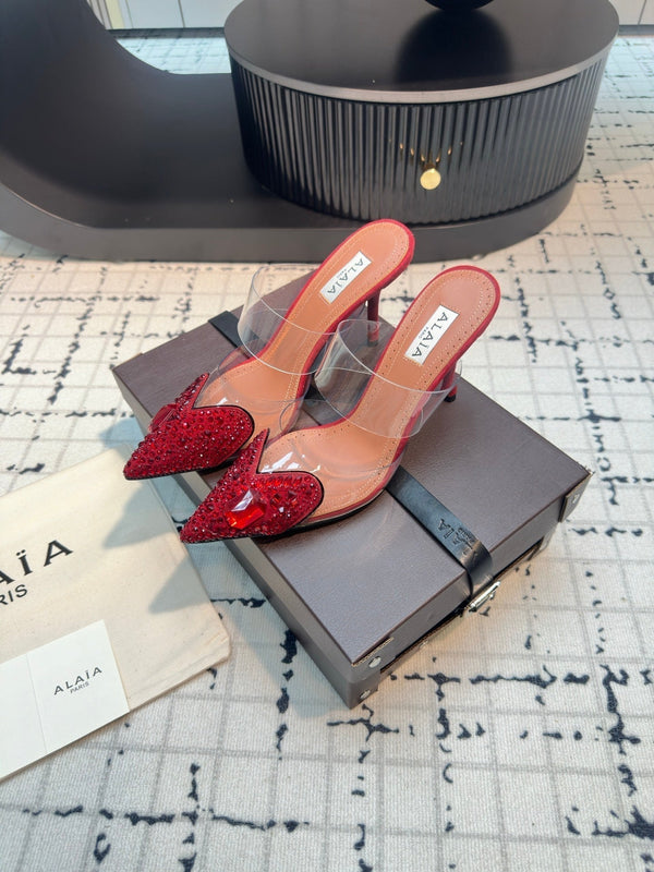 Alaia Heart With Crystals 90mm Heels Mules Red Montone 800949