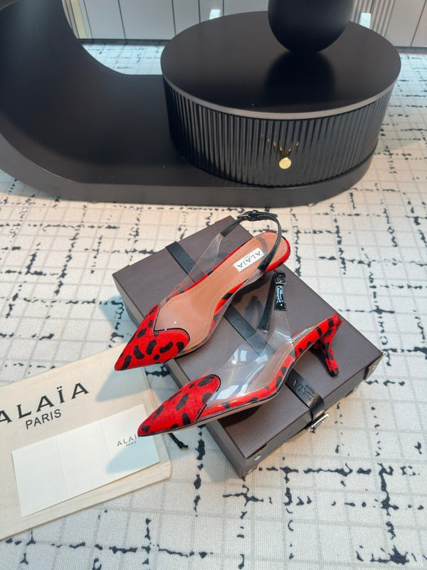 Alaia Heart 50mm Heels Slingbacks Red Leopard Sheepskin 810204