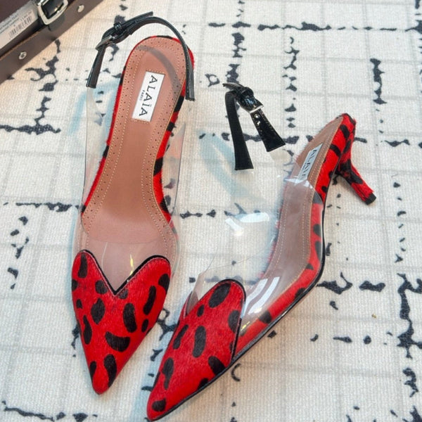 Alaia Heart 50mm Heels Slingbacks Red Leopard Sheepskin 810204