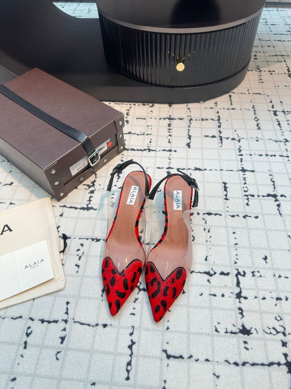 Alaia Heart 50mm Heels Slingbacks Red Leopard Sheepskin 810204