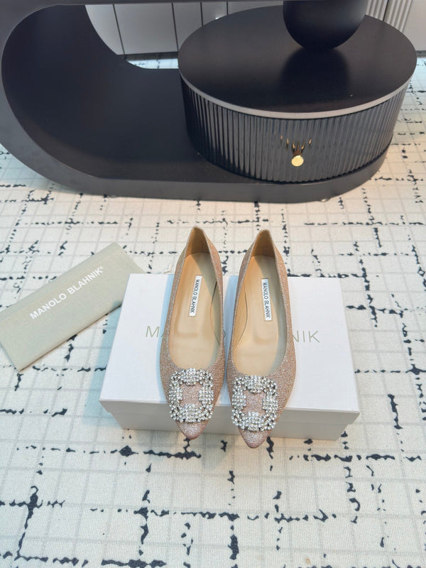 Hangisi 20 Ballet Flat Beige Glitter Fabric Leather Jewel Buckle 912605