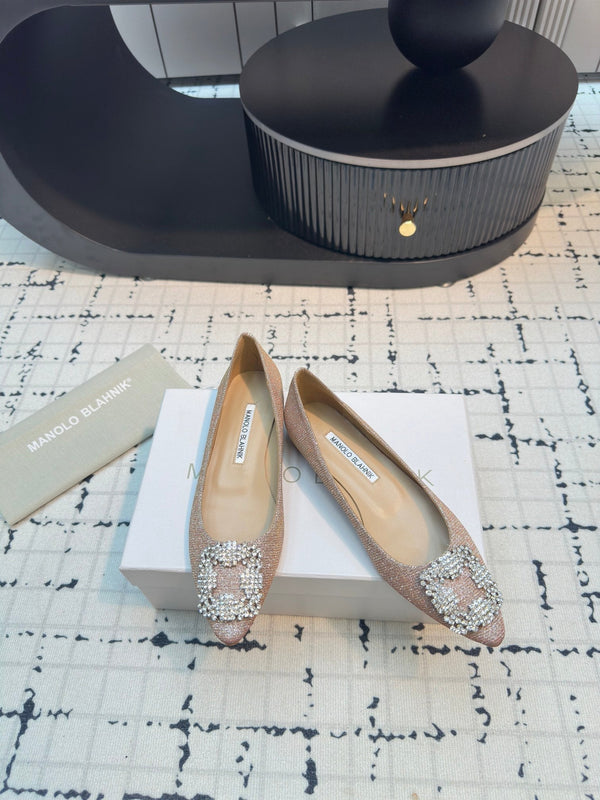Hangisi 20 Ballet Flat Beige Glitter Fabric Leather Jewel Buckle 912605