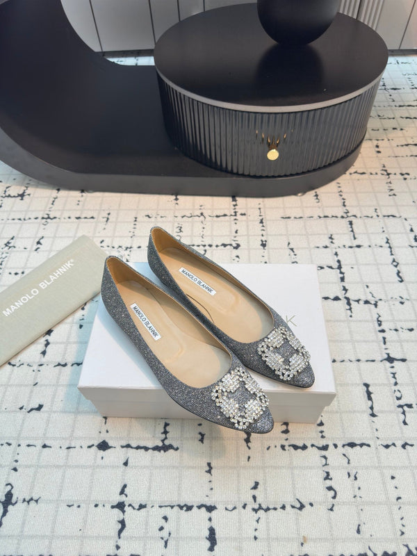 Hangisi 20 Ballet Flat Silver Glitter Fabric Leather Jewel Buckle 912607