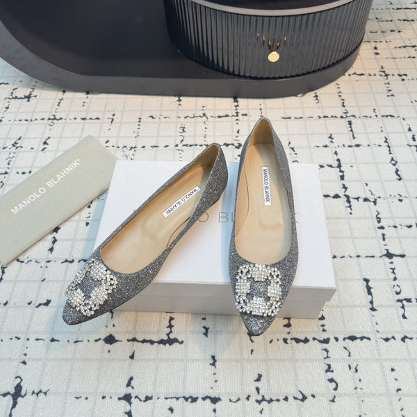 Hangisi 20 Ballet Flat Silver Glitter Fabric Leather Jewel Buckle 912607