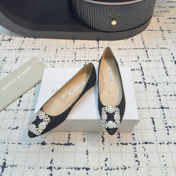 Hangisi 20 Ballet Flat Black Glitter Fabric Leather Jewel Buckle 912608