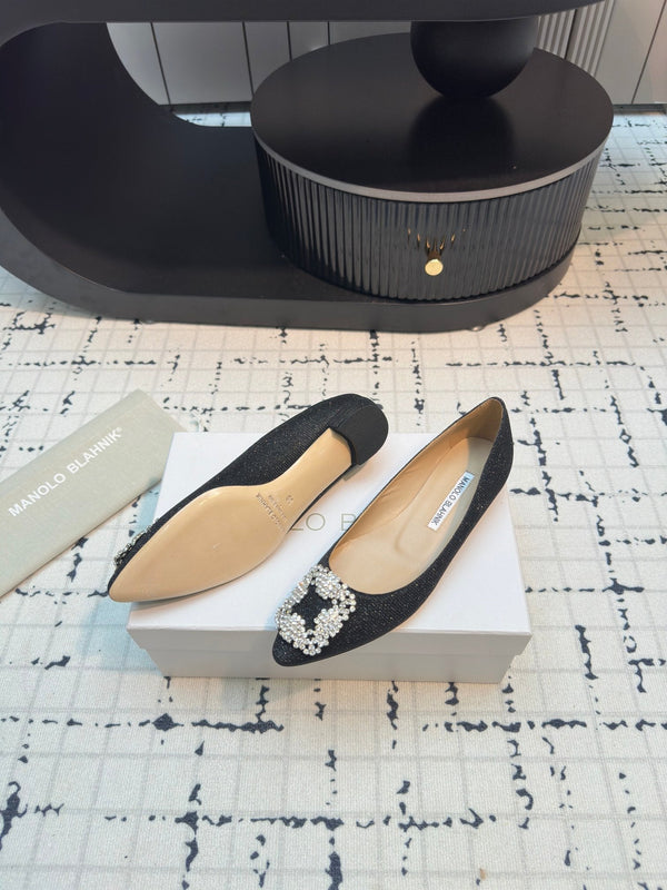 Hangisi 20 Ballet Flat Black Glitter Fabric Leather Jewel Buckle 912608