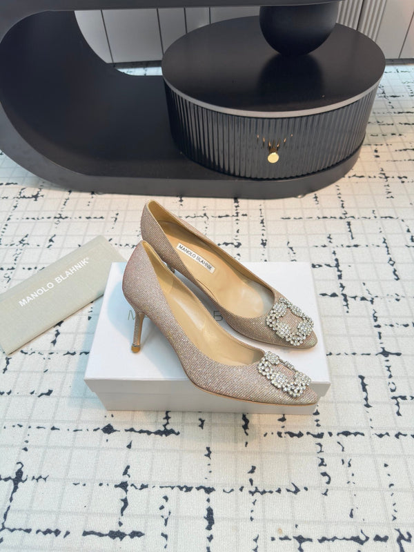 Hangisi 70 Beige Glitter Fabric Leather Jewel Buckle Pumps 912611