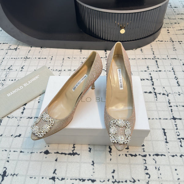 Hangisi 70 Beige Glitter Fabric Leather Jewel Buckle Pumps 912611